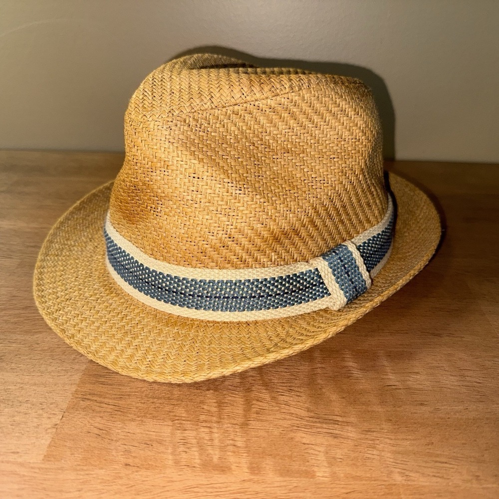 American Eagle Outfitters Straw Fedora Hat Tan Blue Stripe Band One Size
